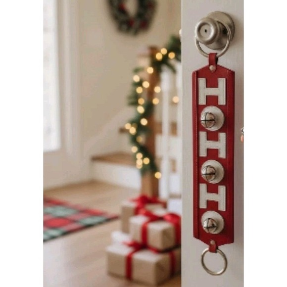 Christmas Door Hanger 21" Red Faux Leather HoHoHo Spellout‎ Silver Jingle Bells - Picture 2 of 10